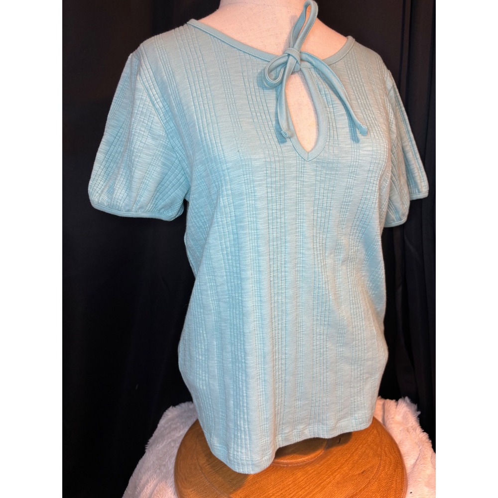 Free Assembly Blue Ribbed Keyhole Tie Neck Short Sleeve Top WKT00135 Large